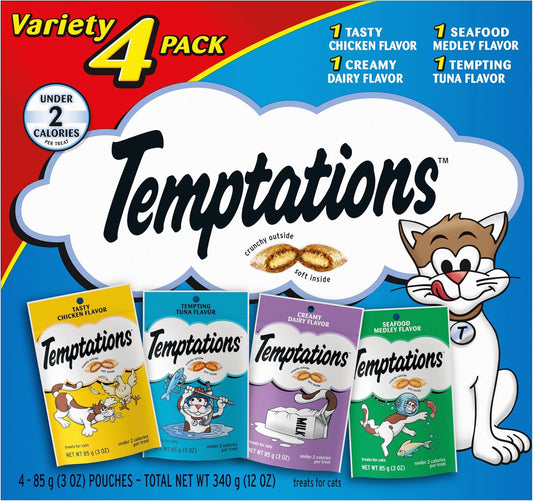 Temptations Classic Crunchy and Soft Cat Treats Feline Favorites Variety Pack, 3 oz., Pack of 4