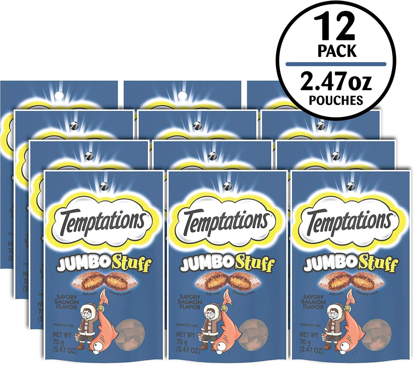 Temptations Jumbo Stuff Crunchy and Soft Cat Treats Savory Salmon Flavor, 2.5 oz. Pouch (Pack of 12)