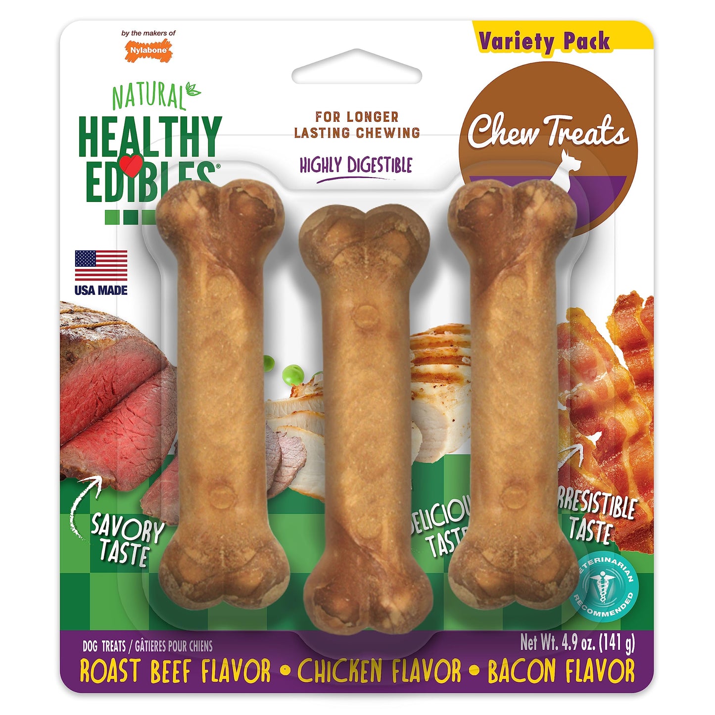 Nylabone Healthy Edibles Natural Dog Chews Long Lasting Roast Beef & Chicken Flavor Treats for Dogs, Small/Regular (12 Count)