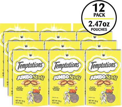 Temptations Jumbo Stuff Crunchy and Soft Cat Treats Tasty Chicken Flavor, 2.5 oz. Pouch, Pack of 12