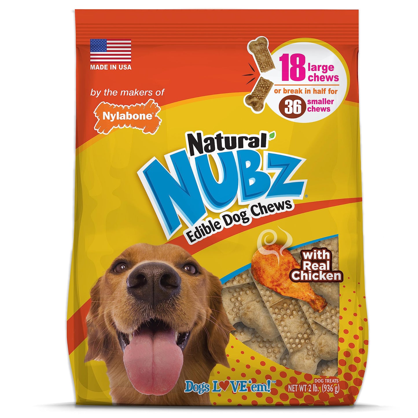 Nylabone Nubz Natural Edible Chew Treats for Dogs, Made in USA, Chicken Flavor, Large - Up to 50 lbs. (40 Count)