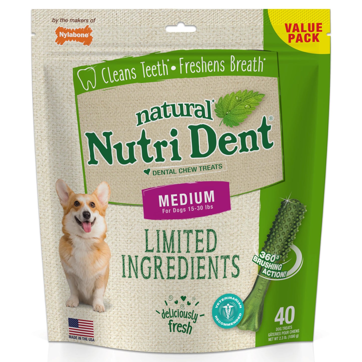 Nylabone Nutri Dent Dog Dental Chews, Natural Teeth Cleaning Dental Treats & Breath Freshener for Dogs, Filet Mignon Flavor, Medium (40 Count)