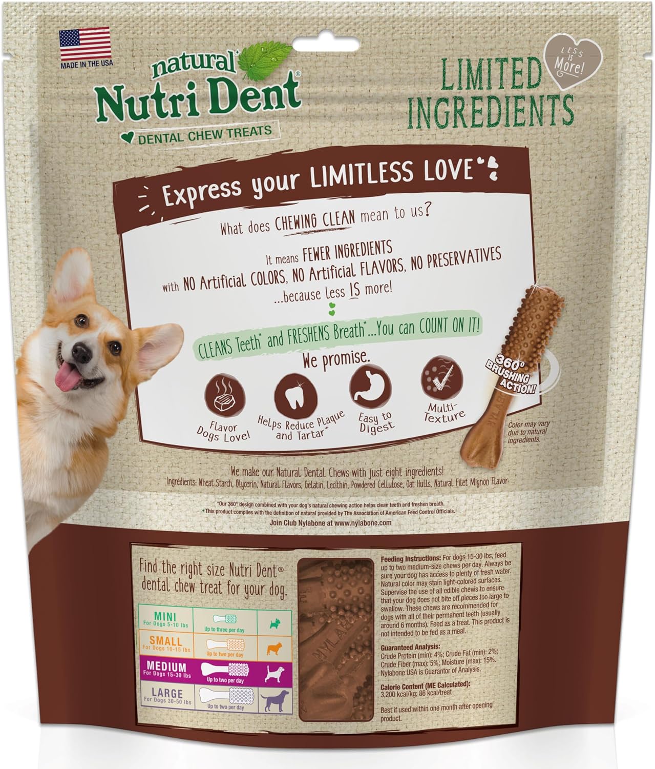 Nylabone Nutri Dent Dog Dental Chews, Natural Teeth Cleaning Dental Treats & Breath Freshener for Dogs, Filet Mignon Flavor, Medium (40 Count)