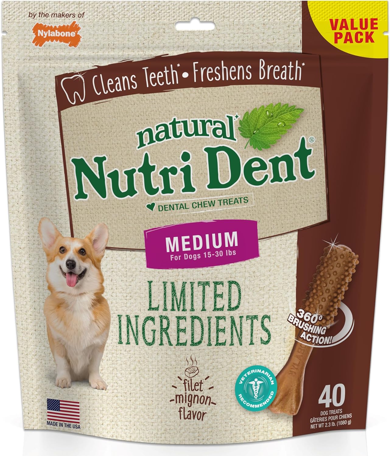 Nylabone Nutri Dent Dog Dental Chews, Natural Teeth Cleaning Dental Treats & Breath Freshener for Dogs, Filet Mignon Flavor, Medium (40 Count)