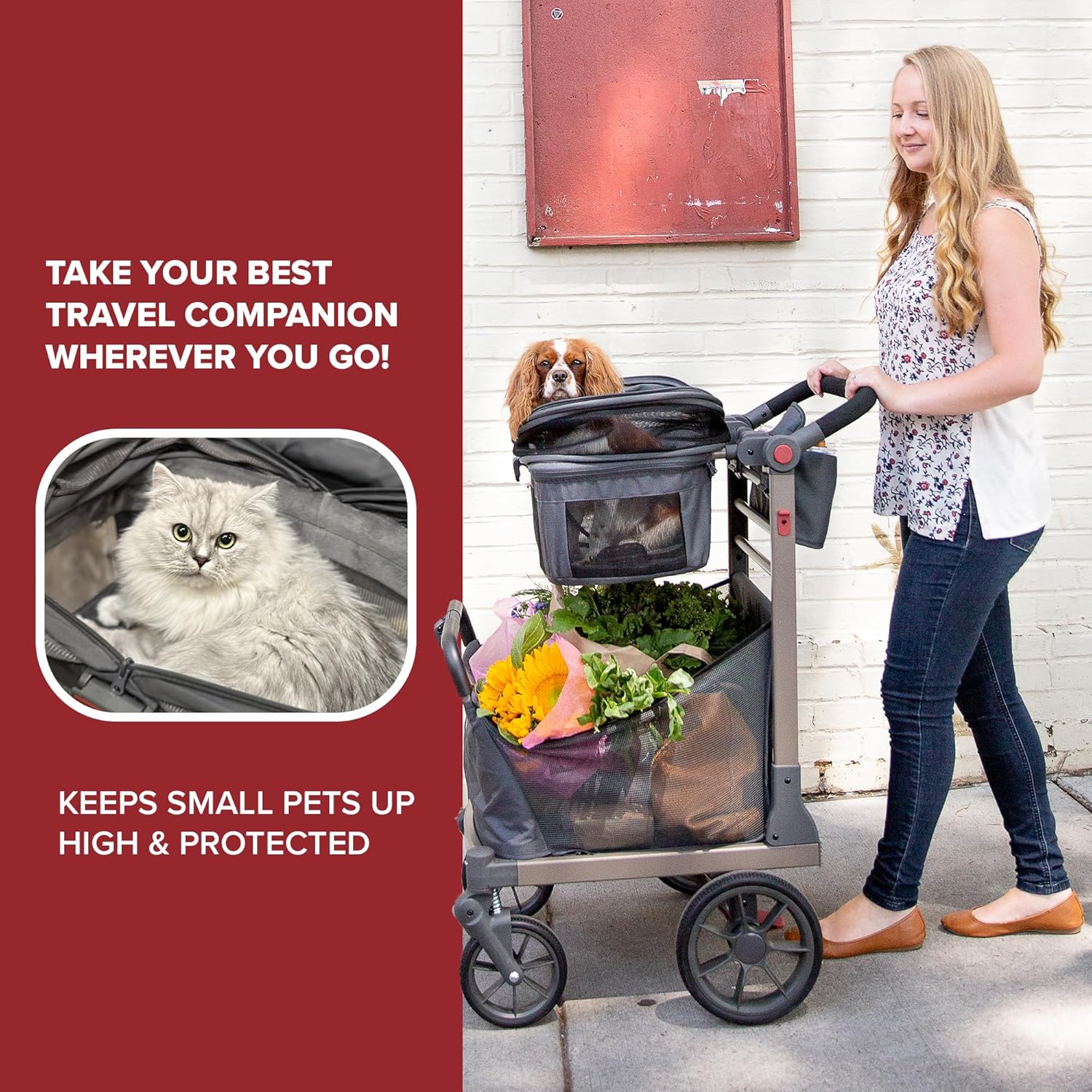 Pet Foldable Cart - Luxury Cat & Dog Stroller with Extra Large Shopping Basket, Cup Holders, & Ventilated Canopy - Easy Fold Pet Stroller for Cats & Dogs