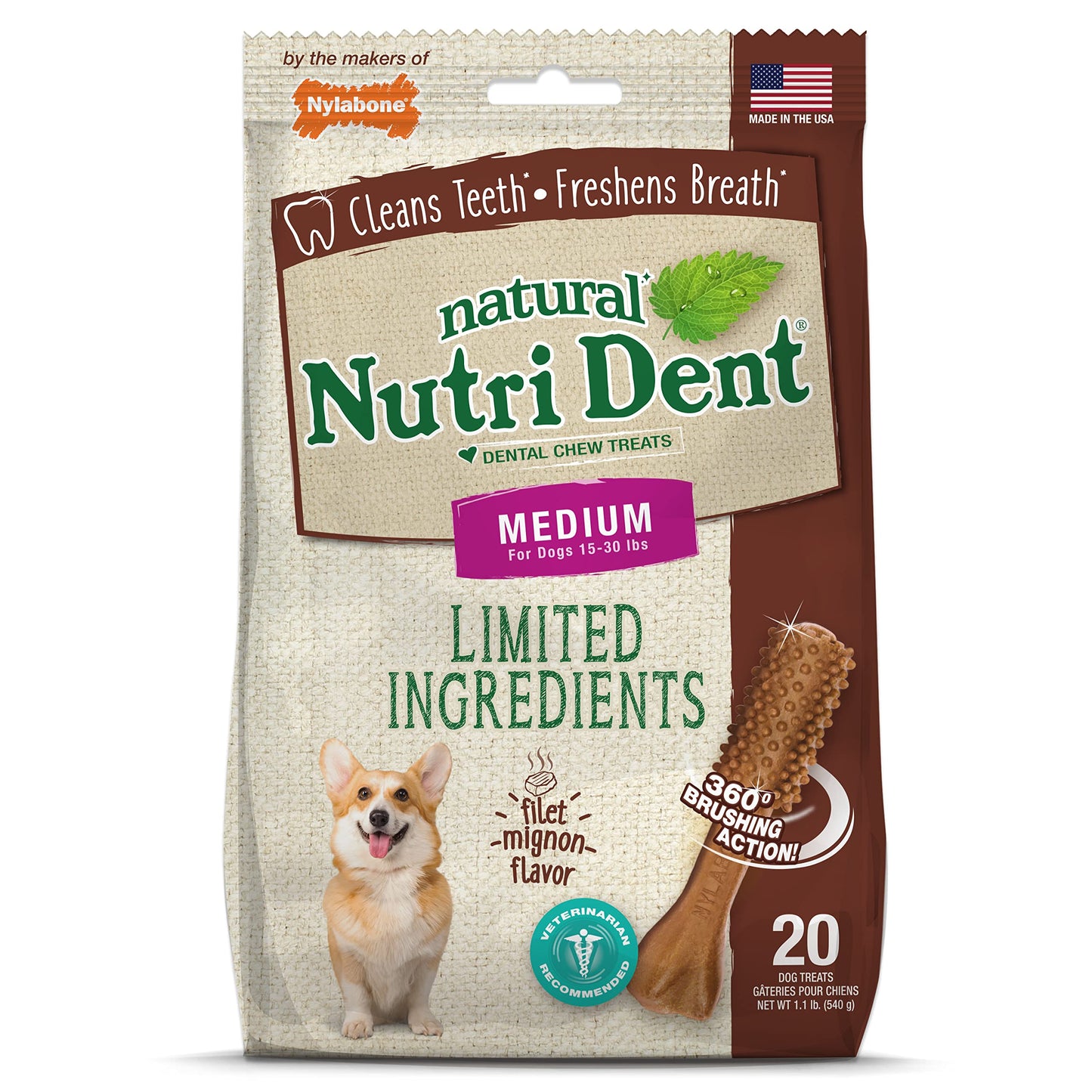 Nylabone Nutri Dent Dog Dental Chews, Natural Teeth Cleaning Dental Treats & Breath Freshener for Dogs, Filet Mignon Flavor, Medium (40 Count)