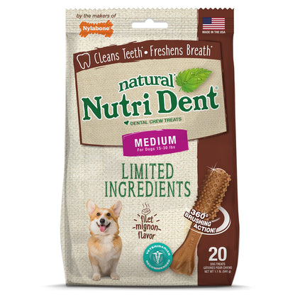 Nylabone Nutri Dent Dog Dental Chews, Natural Teeth Cleaning Dental Treats & Breath Freshener for Dogs, Filet Mignon Flavor, Medium (40 Count)