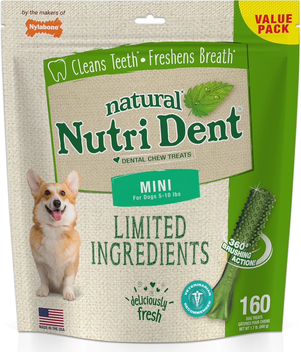 Nylabone Nutri Dent Dog Dental Chews - Natural Dog Teeth Cleaning & Breath Freshener - Dental Treats for Dogs - Fresh Breath Flavor, Mini (160 Count)