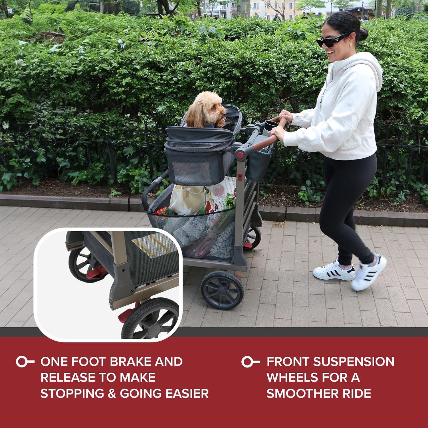 Pet Foldable Cart - Luxury Cat & Dog Stroller with Extra Large Shopping Basket, Cup Holders, & Ventilated Canopy - Easy Fold Pet Stroller for Cats & Dogs