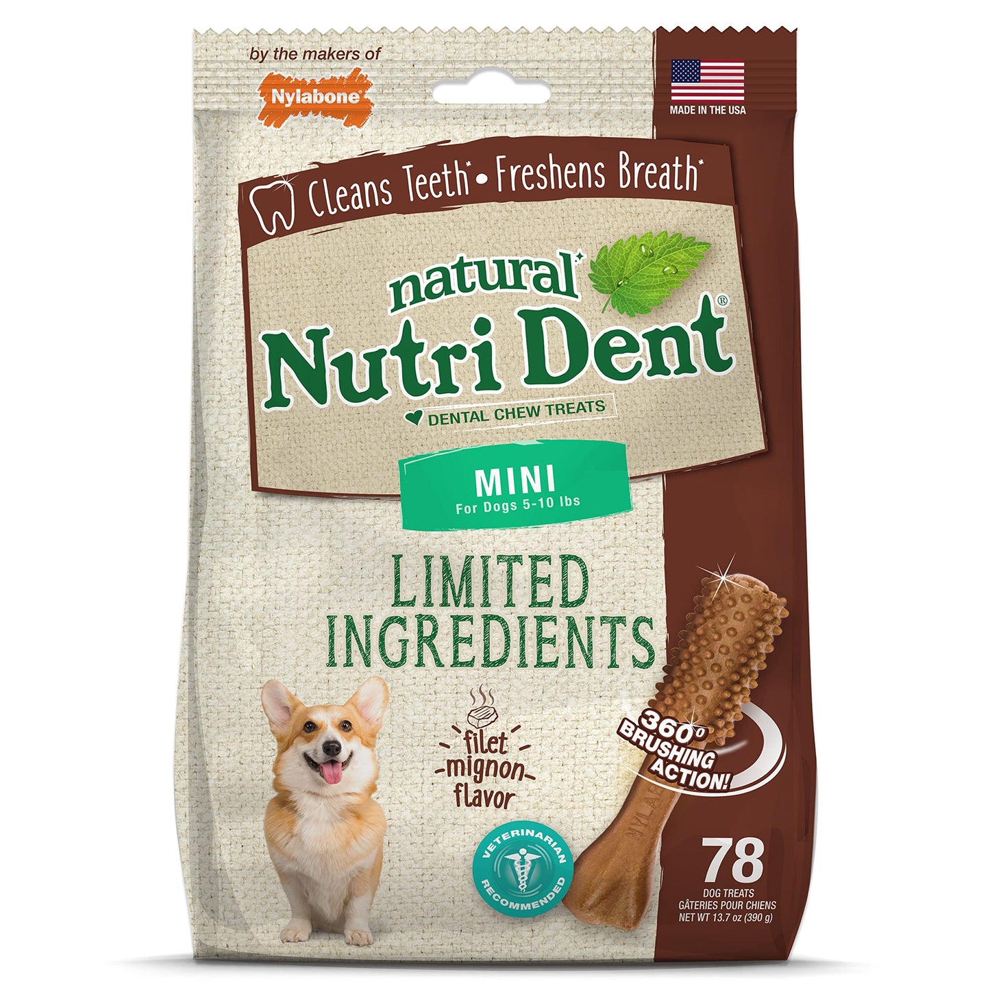 Nylabone Nutri Dent Dog Dental Chews - Natural Dog Teeth Cleaning & Breath Freshener - Dental Treats for Dogs - Fresh Breath Flavor, Mini (160 Count)