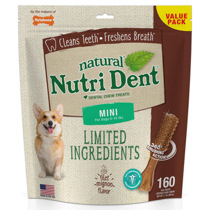 Nylabone Nutri Dent Dog Dental Chews - Natural Dog Teeth Cleaning & Breath Freshener - Dental Treats for Dogs - Fresh Breath Flavor, Mini (160 Count)